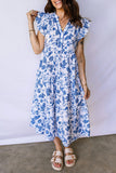 Blue Floral Ruffled Short Sleeve Tiered Midi Dress