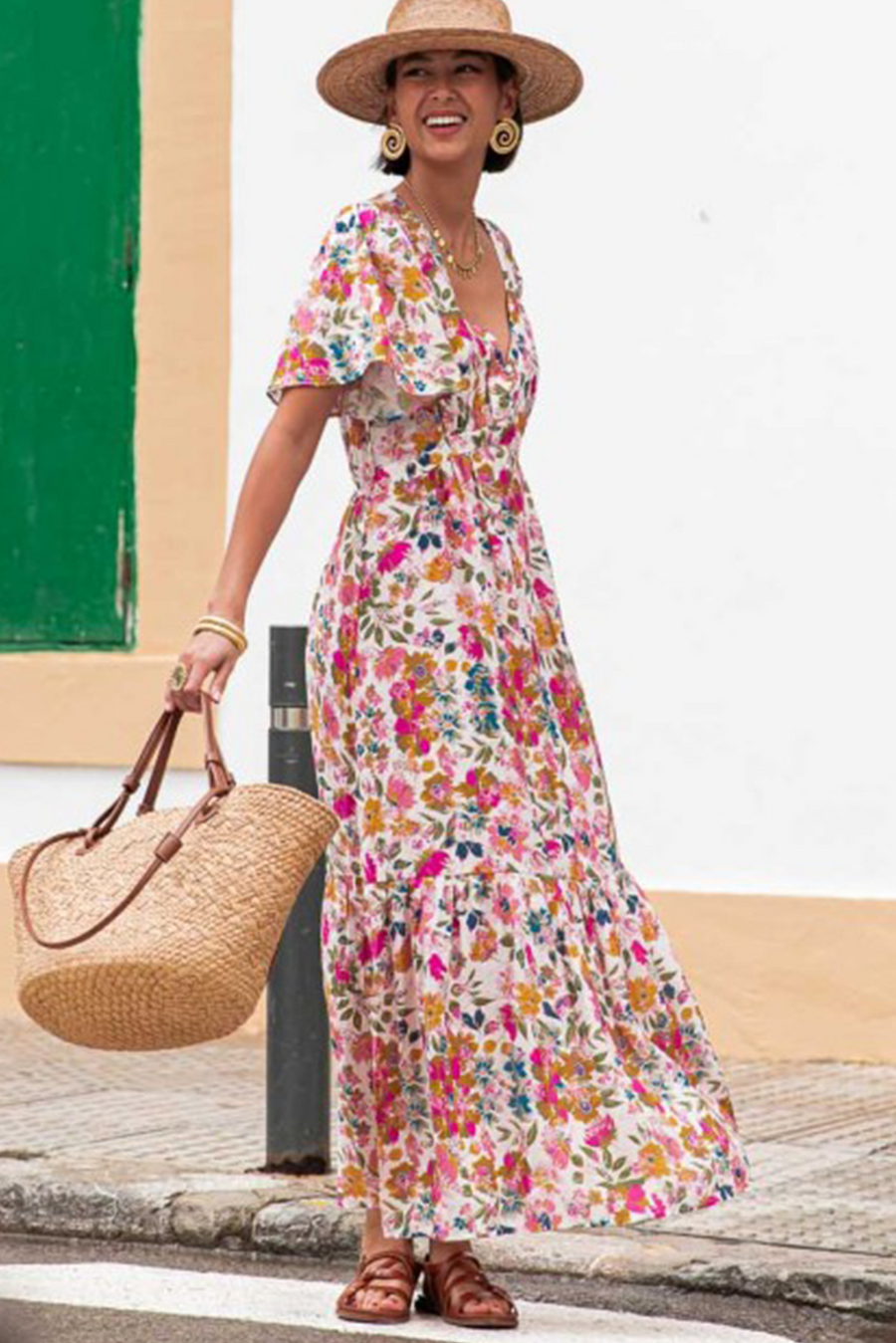 Multicolored Floral Short Sleeve V-Neck High Waist Maxi Dress