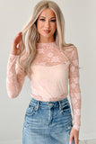 Apricot Pink Mock Neck Floral Lace Mesh Long Sleeve Blouse