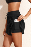 Black High-Waist Drawstring Hidden Pocket Swim Shorts