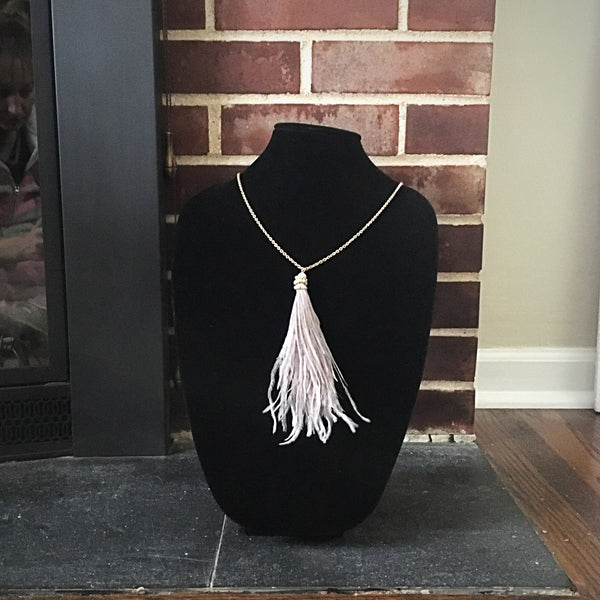 Gold Tone Feather Pendant Necklace- Gray