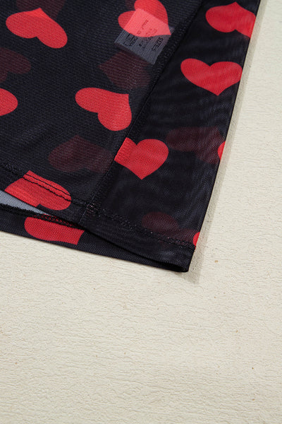 Heart Printed Sheer Mesh Long Sleeve Top- 2 Colors