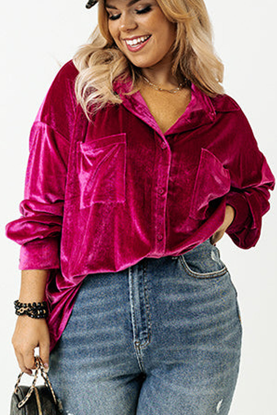 Plus Size Bright Pink Velvet Chest Pocket Drop Shoulder Shirt
