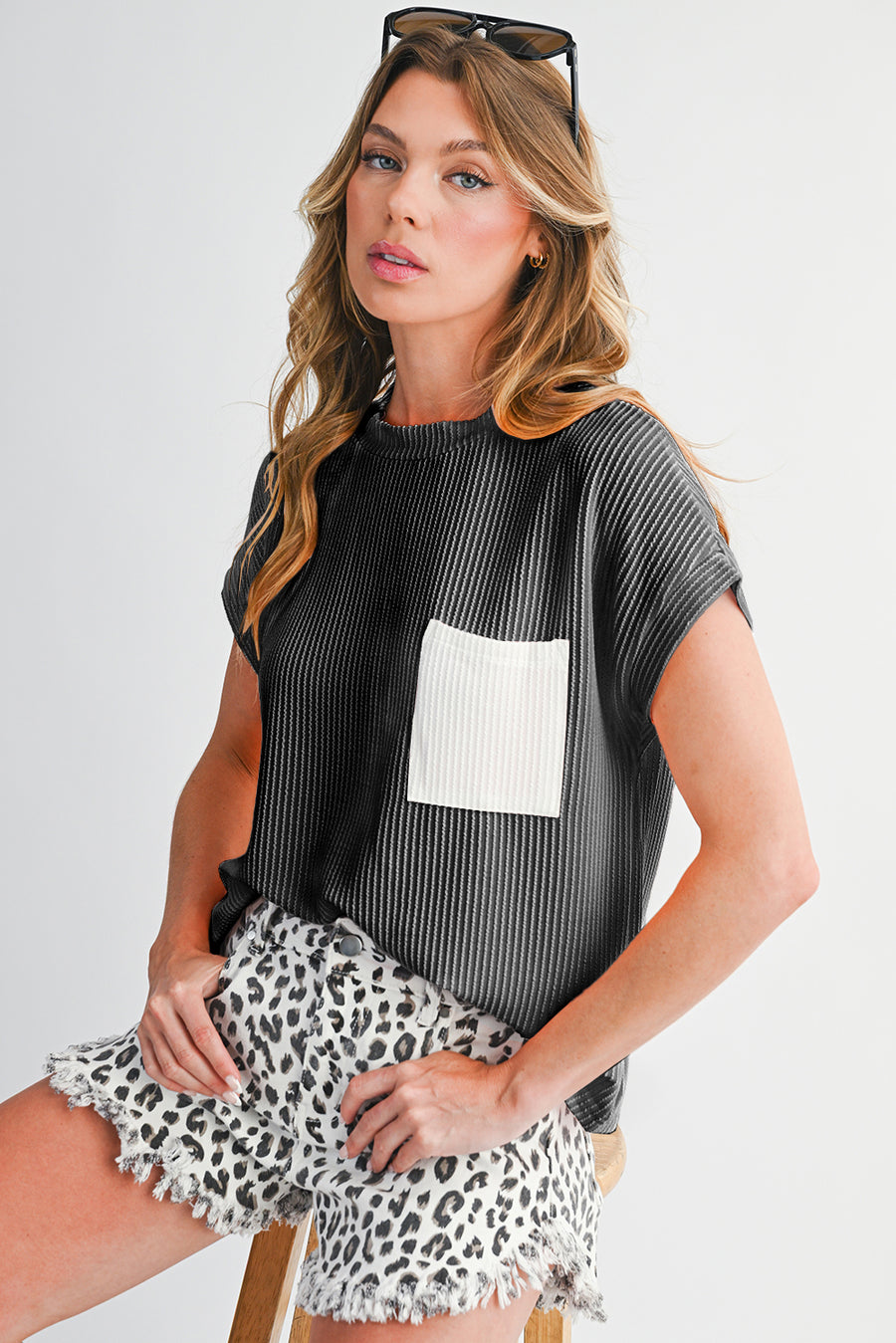 Twist Ribbed Color Block Pocket Crew Neck T-Shirt- 4 Colors