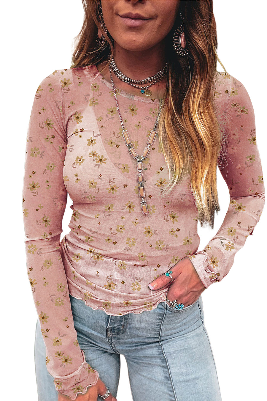 Floral Print Mesh Slim Fit Long Sleeve Blouse- 2 Colors