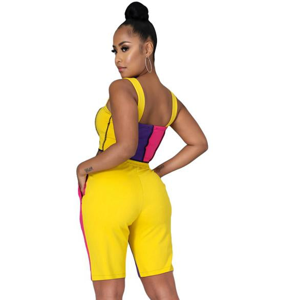 Women's Color Block Exposed Seams Tank Top & Shorts Matching Set- 4 Colors
