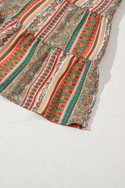 Red Bohemian Floral Print Buttoned V Neck Ruffle Tiered Dress