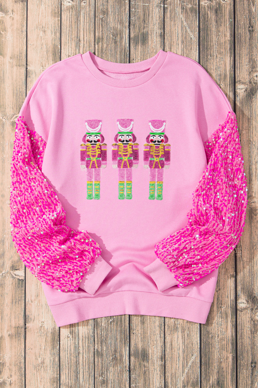 Pink Nutcracker Sequin Sleeve Graphic Print Sweatshirt