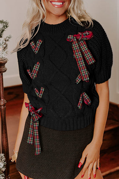 Plaid Lace-Up Puff Short Sleeve Sweater- 2 Colors
