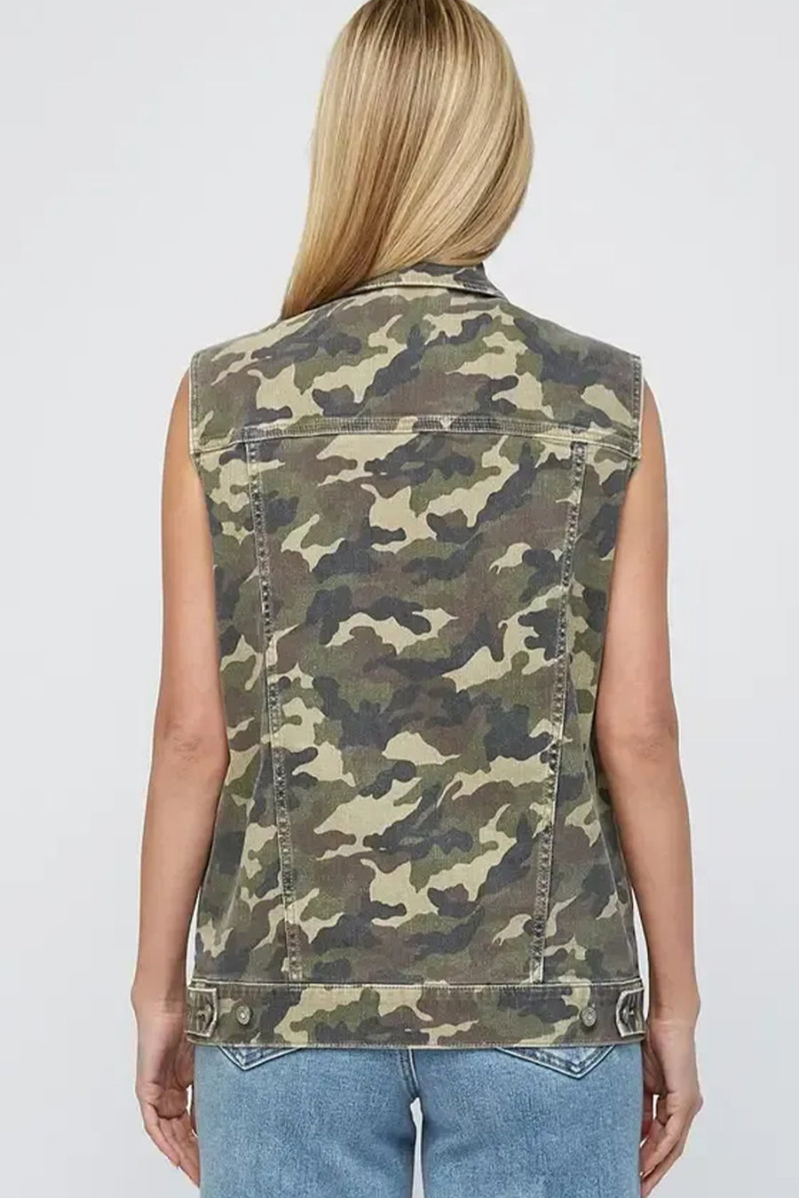 Camouflage Print Cargo Pocket Button-Up Denim Vest