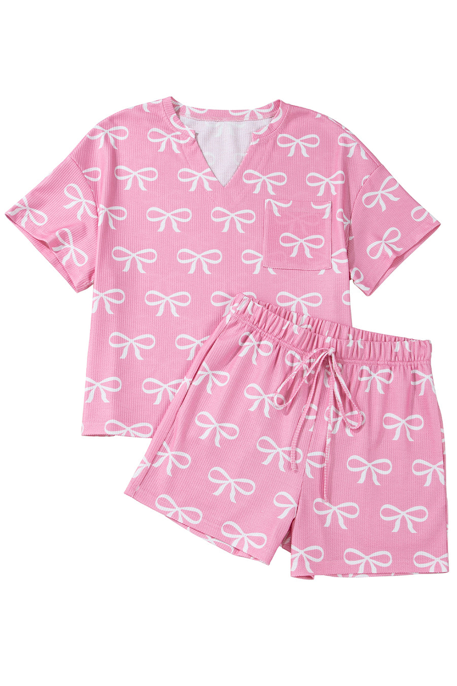 Pink Waffle Knit Bow Print Notched T-Shirt And Shorts Set