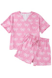 Pink Waffle Knit Bow Print Notched T-Shirt And Shorts Set