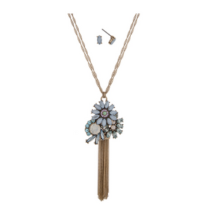 Burnished Gold Tone Rhinestone & Tassel Floral Pendant Necklace- Blue & White Opal