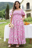 Plus Size Pink Floral Smocked Puff Sleeve Maxi Dress