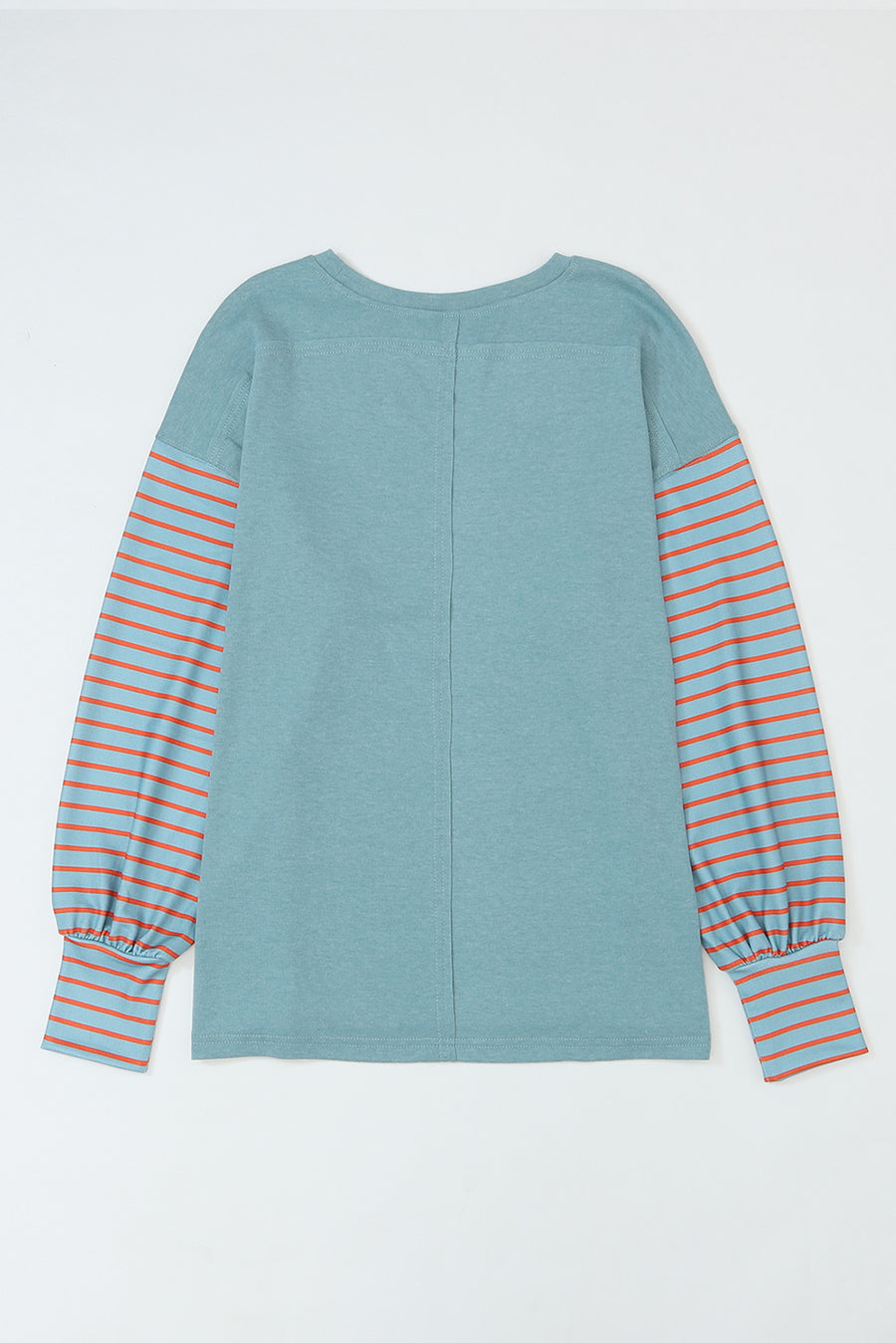 Duck Egg and Rust Color Block Striped Long Bishop Sleeve Side Slit T-Shirt