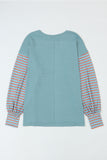 Duck Egg and Rust Color Block Striped Long Bishop Sleeve Side Slit T-Shirt