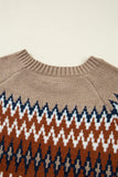 Khaki Geometric Print Colorblock Crew Neck Sweater