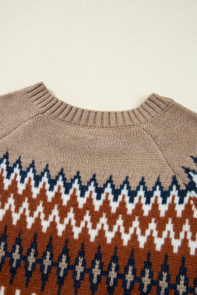 Khaki Geometric Print Colorblock Crew Neck Sweater