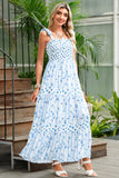 Blue Floral Striped Smocked A-Line Tie Strap Maxi Dress