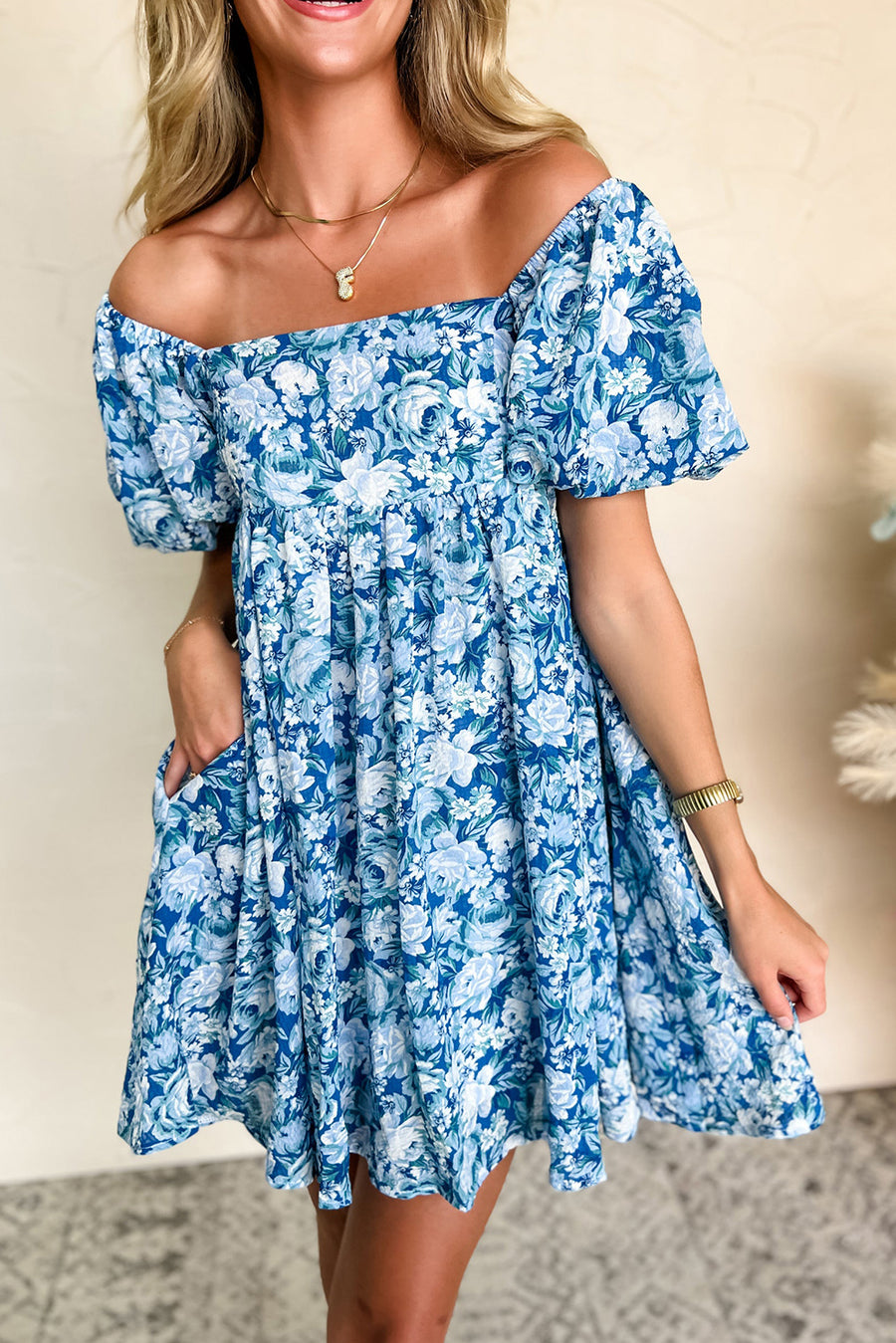 Blue Multi Floral Puff Sleeve Babydoll Mini Dress with Pockets