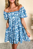Blue Multi Floral Puff Sleeve Babydoll Mini Dress with Pockets