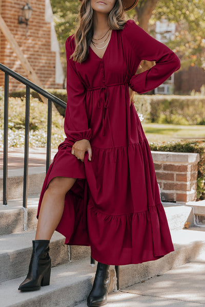Solid Long Sleeve Button V-Neck Tiered Maxi Dress- 2 Colors