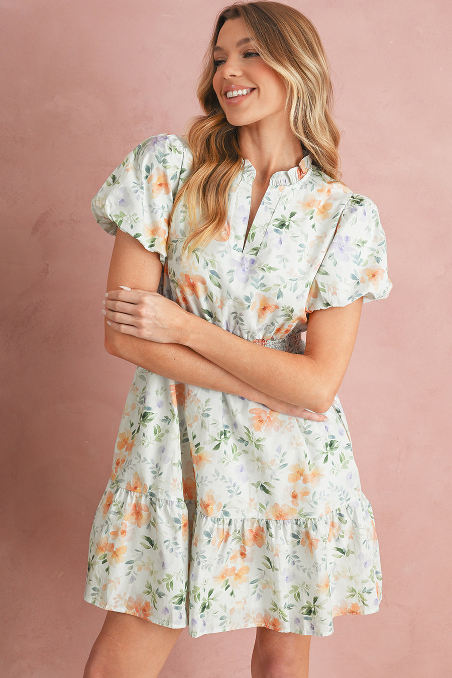 Orange Floral Print Smocked High Waist Puff Sleeve Mini Dress