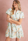 Orange Floral Print Smocked High Waist Puff Sleeve Mini Dress