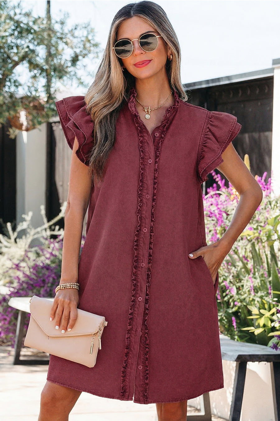 Frill Neck Button-Up Ruffled Short Sleeve Denim Mini Dress- 2 Colors