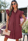 Frill Neck Button-Up Ruffled Short Sleeve Denim Mini Dress- 2 Colors