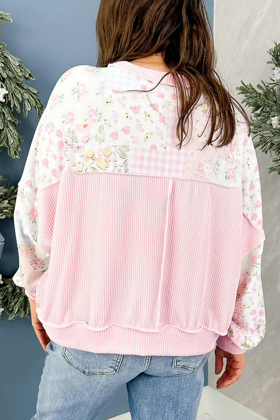 Pink Mixed Floral Print Twisted Rib Patchwork Loose Long Sleeve Top