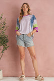 Purple Stripe Floral Color Block Patchwork Stitching Edge T-Shirt