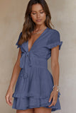 Slate Blue Deep V-Neck Tie Front Bow Layered Flare Mini Dress