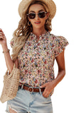 Multicolored Floral Frilled Neck Ruffled Short Sleeve Button-Up Blouse