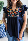 Navy Blue V-Neck Ruffled Sleeve Floral Embroidered Babydoll Blouse