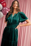 Velvet Puff Short Sleeve Smocked Waist Tiered Maxi Dress with Pockets- 3 Colors
