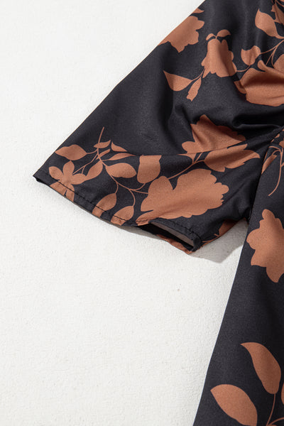 Chestnut Floral Print Frill Neck Bubble Sleeve Blouse