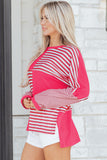 Pink Stripe Color Block Patchwork Drop Shoulder Long Sleeve High-Low Top