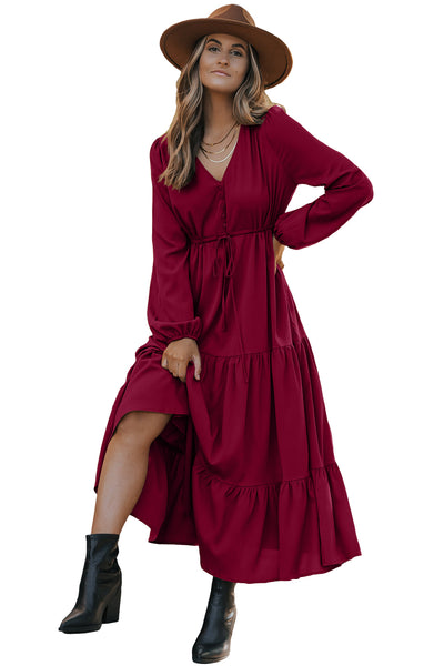Solid Long Sleeve Button V-Neck Tiered Maxi Dress- 2 Colors