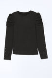 Black Button Cuff Puff Long Sleeve Sheath Top