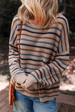 Tan Multi Openwork Striped Knit Drop Shoulder Crew Neck Sweater