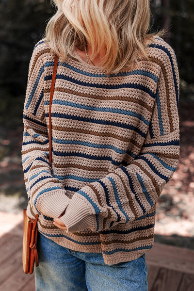 Multicolour Striped Knitted Drop Shoulder Crew Neck Sweater
