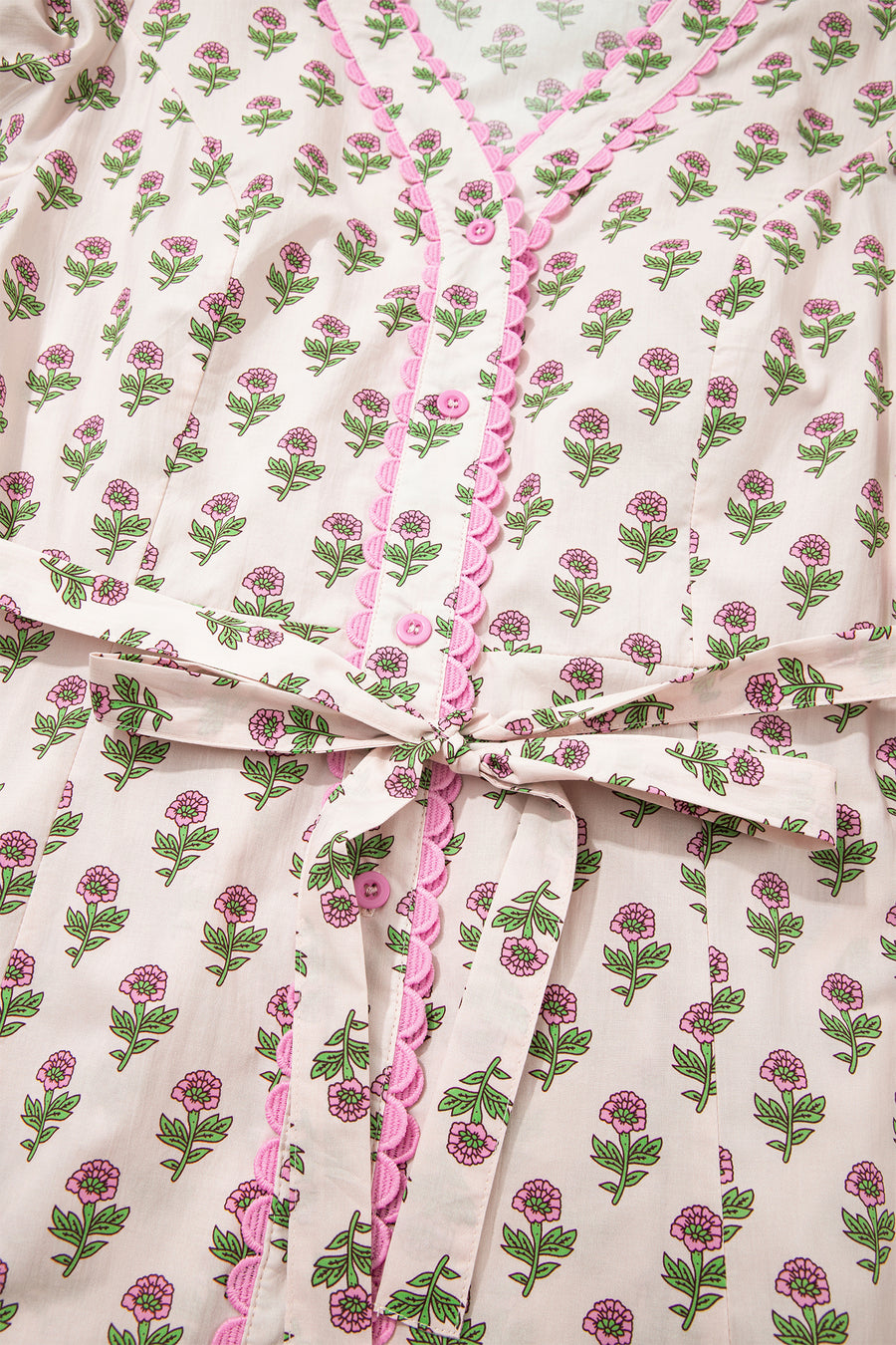 Pink Floral Print V-Neck Scallop Trim Button-Up Short Sleeve Maxi Dress