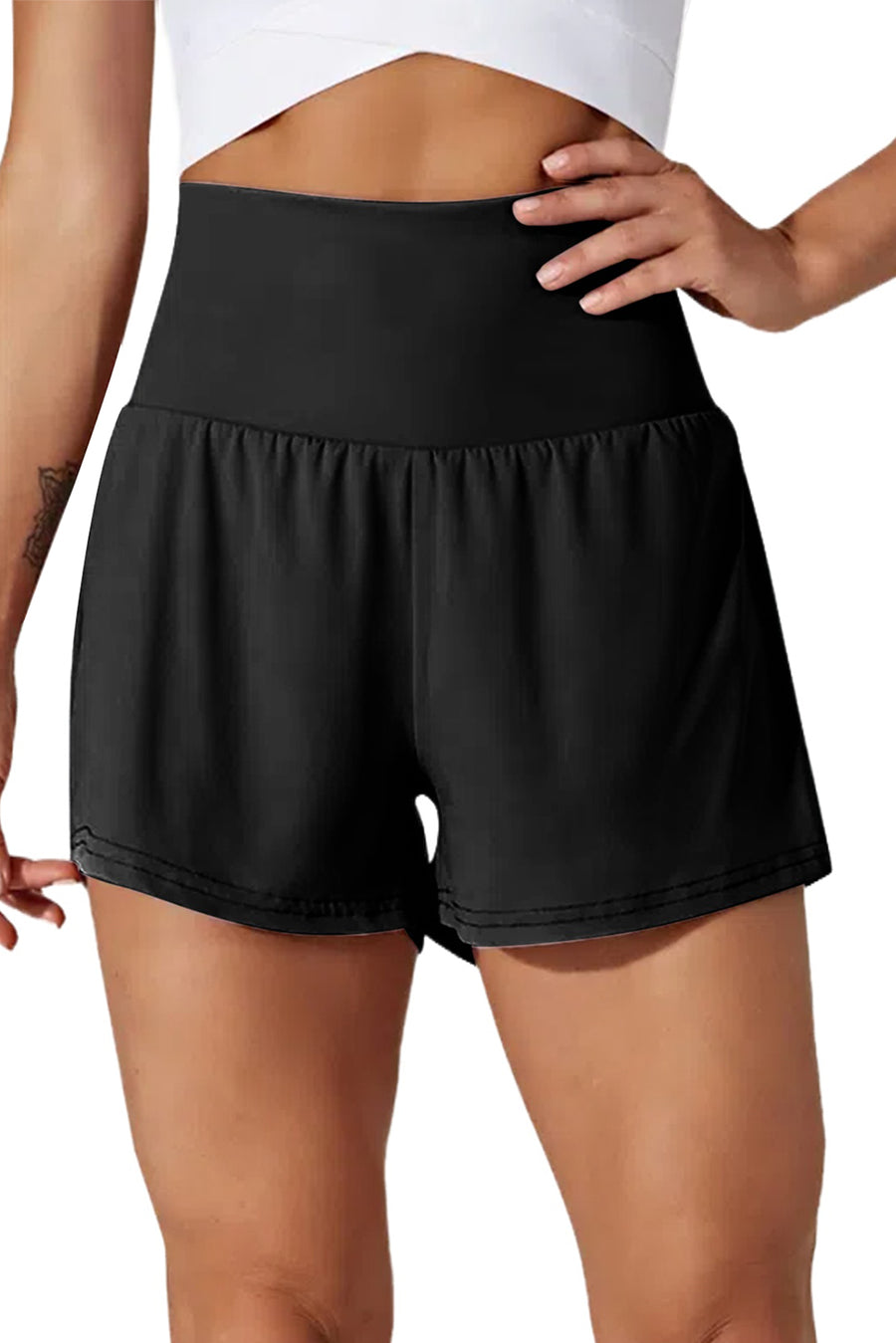 Black High-Waist Wide Band Back Pocket Swim Shorts