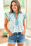 Red Sunflower Printed Contrast Trim V Neck Flutter Sleeve Blouse