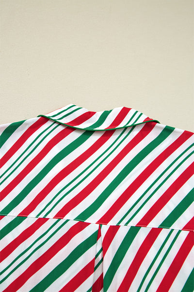 Green Striped Piping Trim Velvet Ribbon Knot Christmas Pajama Set