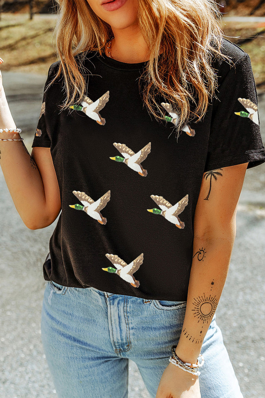 Black Sequin Mallard Duck Graphic T-Shirt