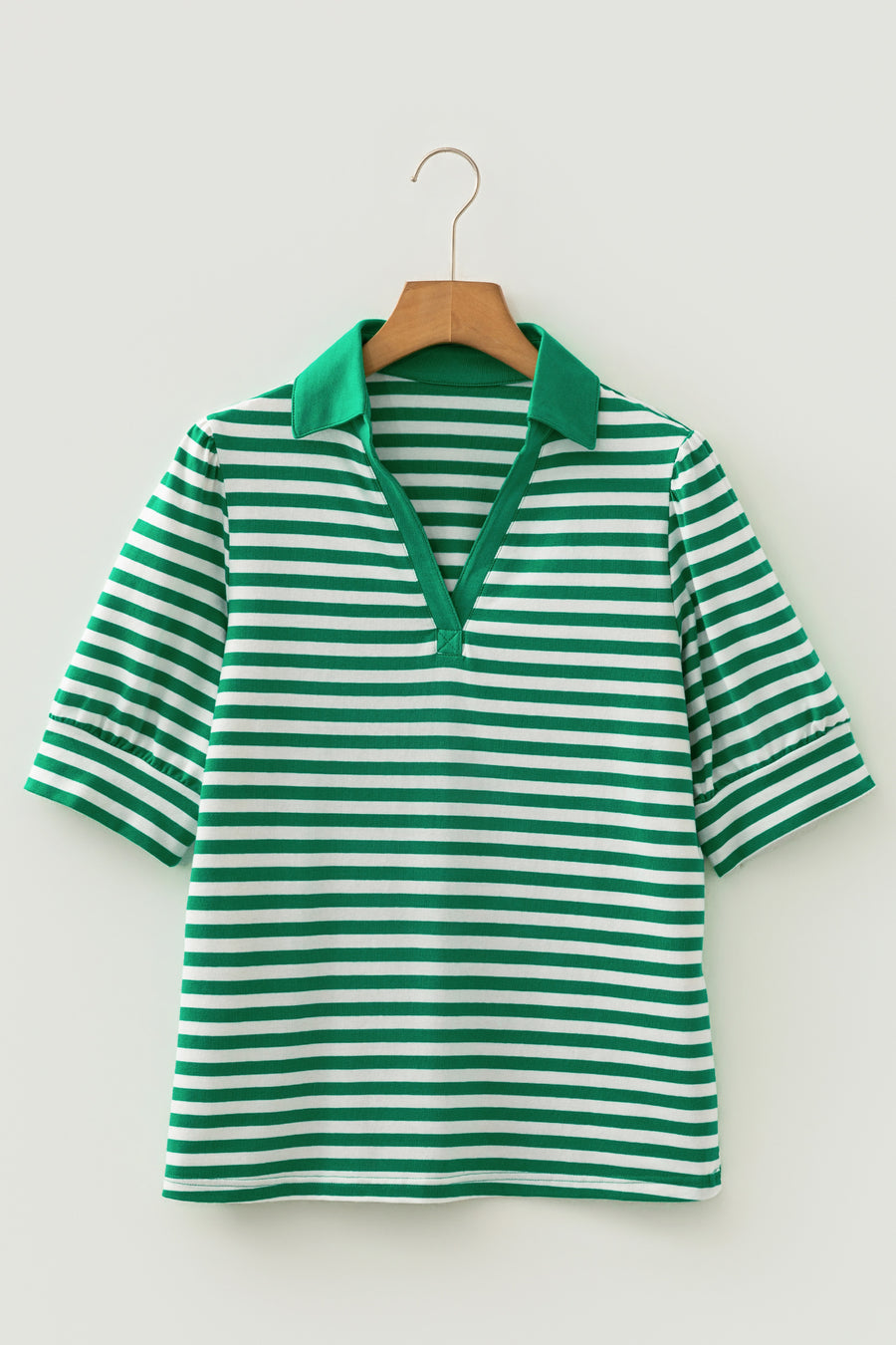 Green Striped Collared V-Neck Short Puff Sleeve Top