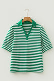 Green Striped Collared V-Neck Short Puff Sleeve Top