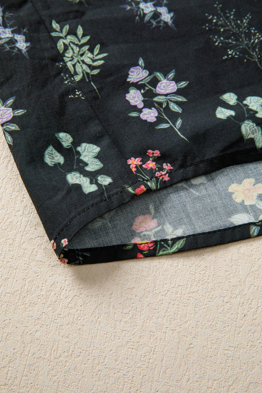 Black Floral Contrast Trim Frilled Neck Ruffled Short Sleeve Blouse